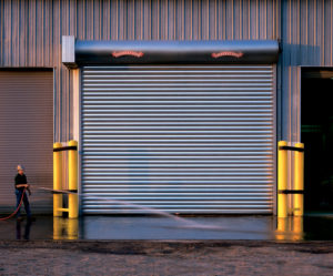 Commercial garage door in a warehouse.