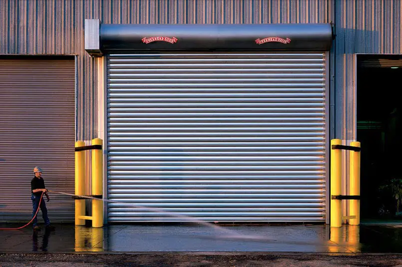 Commercial rolling garage door with Overhead Door logo at the top