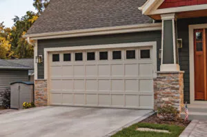Modern garage door with stone accents